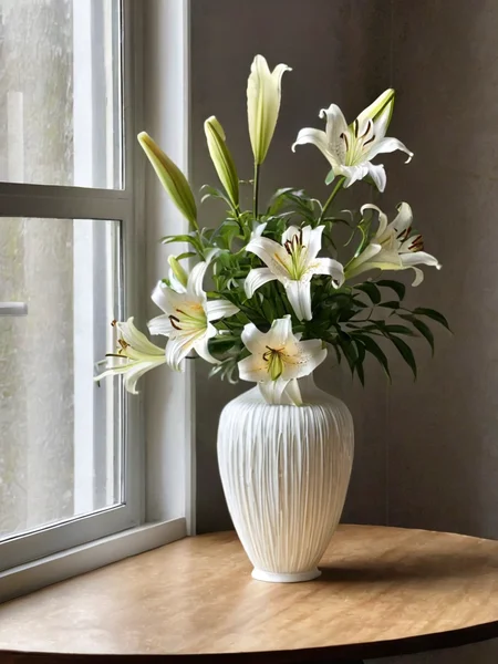 detailed, lily by ingrid-elias-style in a white flower vase, in a room, sitting on a table with a window in one wall<lora:ingrid_elias_style:0.8>