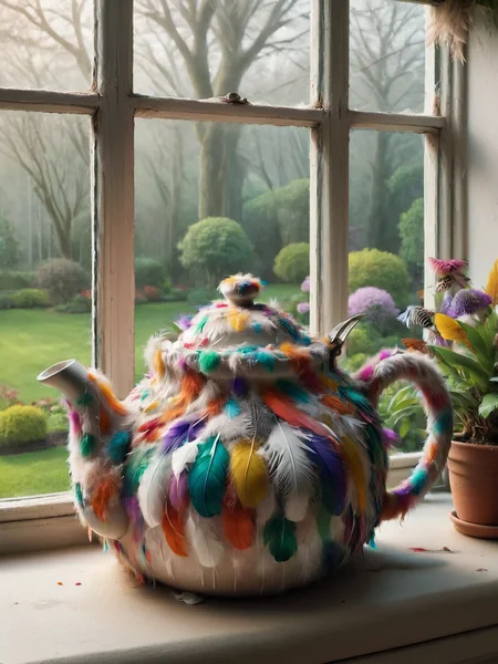 ais-featherz teapot, on a cozy windowsill overlooking a garden <lora:Feathers_Glue_SDXL:1>