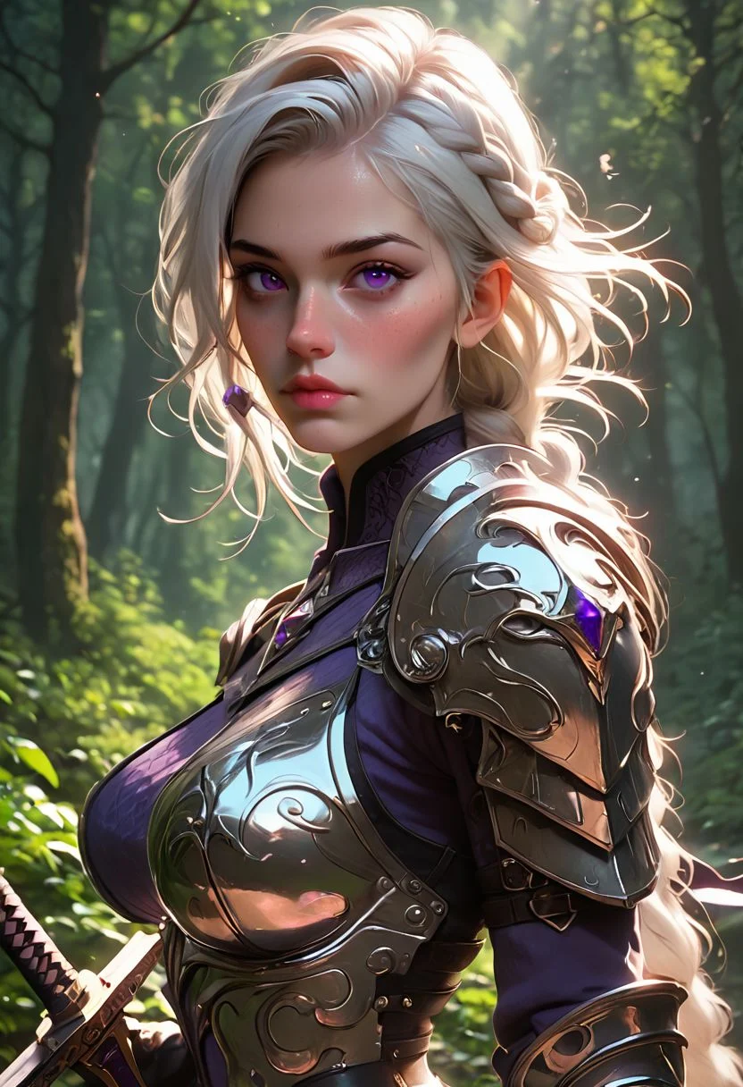score_9, score_8_up, score_7_up, score_6_up,
1girl, beautiful, d4rkv10l3t, white hair, single braid, purple eyes, big breasts, leather armor, sword, forest, dappled sunlight, upper body, looking at viewer