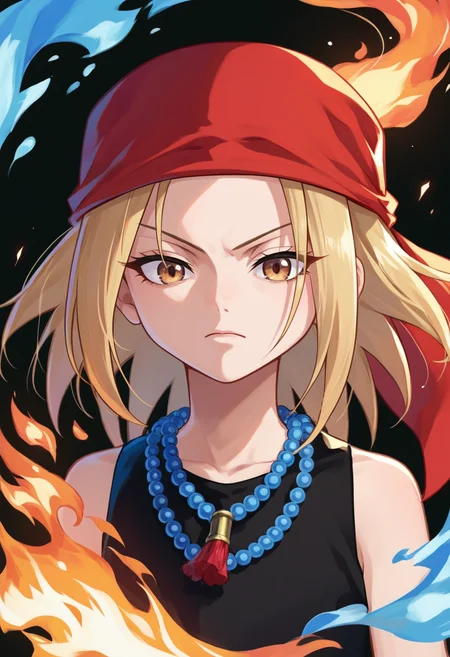 score_9, score_8_up, score_7_up, source_anime, kyouyama anna, blonde hair, short hair, brown eyes, black dress, bead necklace, red bandana, fire, abstract background, black background,  <lora:Anna kyouyama-000008:1>