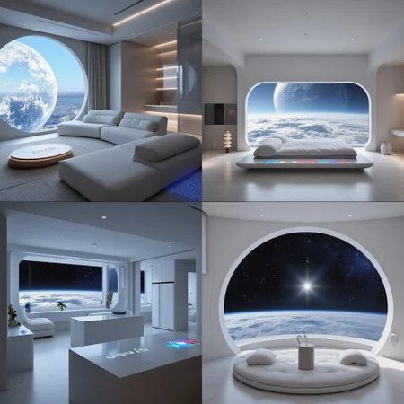 This set of four images showcases a futuristic home with a breathtaking view of space; [IMAGE1] reveals a living room with a massive circular window framing a stunning view of Earth, featuring a white modular couch and a sleek coffee table with holographic controls; [IMAGE2] presents a bedroom with a low platform bed, ambient LED lighting that changes colors, and soft metallic walls, the planet Earth glowing faintly outside the round window; [IMAGE3] shows a high-tech kitchen with a seamless white countertop, hidden appliances, and a glowing interface panel built into the surface; [IMAGE4] highlights a meditation area with a round, cushion-lined pod facing the window, offering a serene environment for relaxation while gazing at the stars