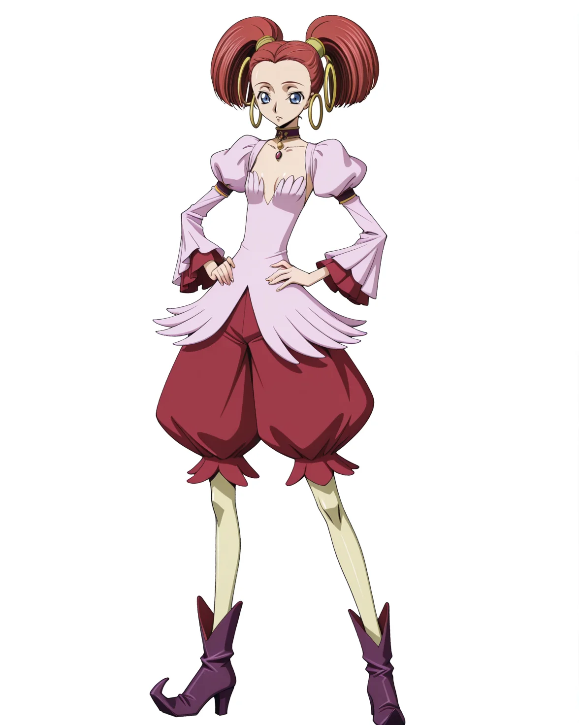 anime coloring,anime screencap,
highres,best quality,masterpiece,
shiny skin,
BREAK
<lora:transparent-background-illustriousxl-lora-nochekaiser:1>,transparent background,simple background,white background,
Code Geass,
BREAK
<lora:Carine_ne_Britannia_Code_Geass_IL:1>,carbritan,1girl,solo,flat chest,twintails,blue eyes,red hair,short twintails,earrings,short hair,
long sleeves,jewelry,boots,shoes,choker,puffy sleeves,necklace,high heels,juliet sleeves,hoop earrings,ankle boots,red shorts,purple footwear,puffy_pants,pointy footwear,yellow pantyhose,
full body,hands on own hips,standing,