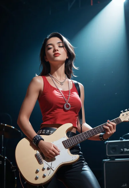 score_9, score_8_up, score_7_up, score_6_up, score_5_up, score_4_up, A young woman, likely in her late teens or early twenties, with dark hair and a medium complexion, is positioned on a stage, playing an electric guitar. She is centered in the image but slightly to the left of the frame.  She's facing the viewer, her expression focused and intense as she plays.  She is wearing a sleeveless, vibrant red top, black pants or skirt, and a studded belt.  A bandana or wristband is visible around her wrist.  She is wearing jewelry including a layered necklace with a pendant.  Her body is slender and athletic. The setting is a rock concert, with other musicians playing instruments (drums and a guitarist) in the background.  The stage is lit by bright stage lights, creating a dynamic atmosphere.  The image has a 1970s-1980s rock concert vibe, with muted tones of light red, black, white, and gray dominating the colors. The perspective is from slightly in front of and slightly above the woman, with a focus on her playing the guitar. The overall style is a snapshot of a concert performance with a clear emphasis on the musical artist.