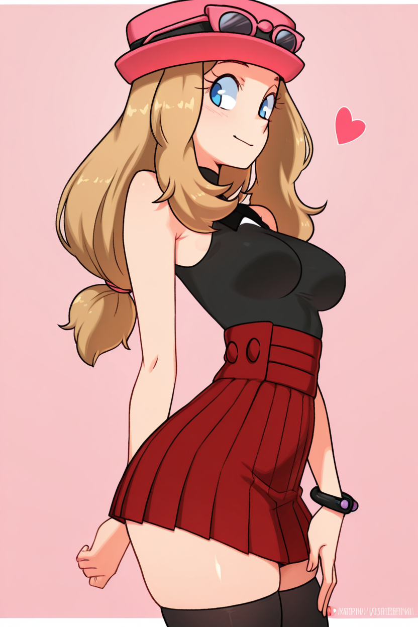 masterpiece, best quality, 1girl, solo, beautiful eyes, zzSerena, solo, long hair, blue eyes, eyewear on headwear, pink headwear, eyelashes, sleeveless shirt, black shirt, bracelet, high-waist skirt, red skirt, black thighhighs,  <lora:SerenaPokemonIXL_v2:1.0>,   <lora:TobiaswhellerIXL:1.0>, upper body, side view, smile, looking at viewer, shiny skin,