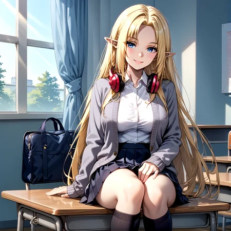 , alpha \(kage no jitsuryokusha ni naritakute!\), 1girl, black skirt, black socks, blazer, blonde hair, blue jacket, cardigan, cardigan under jacket, chair, classroom, collared shirt, copyright notice, curtains, desk, dusk, elf, feet out of frame, grey cardigan, head tilt, headphones, headphones around neck, holding own leg, indoors, jacket, knee up, kneehighs, light rays, long hair, looking at viewer, miniskirt, official alternate costume, on desk, open clothes, open jacket, pleated skirt, pointy ears, purple eyes, red headphones, school chair, school desk, school uniform, shirt, sitting, skirt, smile, socks, solo, very long hair, white shirt, window, score_9,score_8_up, score_8, source_anime,
Alpha, 1girl, blonde hair, blue eyes, large breasts, very long hair, elf, pointy ears, black bodysuit,
