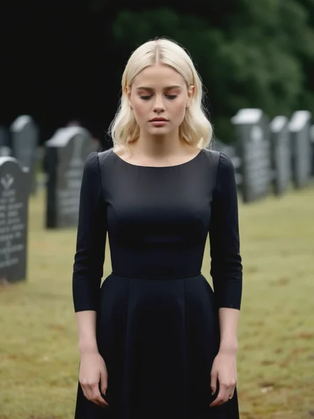 Dramatic photograph of Charlotte_Davis_P_MXAI_SDXL , tearful sad expression, "ready-for-a-funeral", black dress, looking down, in a rainy graveyard at dusk, ((full body shot)),  PA7_Portrait-FL