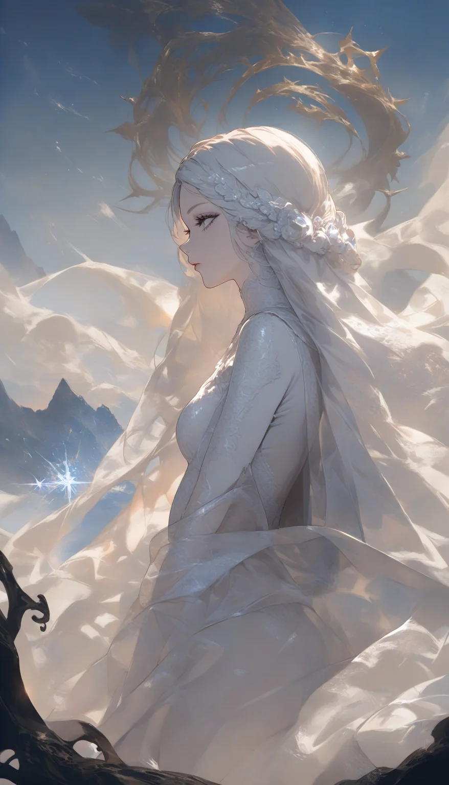 ethereal fantasy concept art of masterpiece,high score,great score,absurdres, <lora:Alice Prin_sots-000005:1>,Alice Prin (style, alice prin, sots art), ., Naerys had the Targaryen looks, a fine and delicate beauty, almost unworldy. She was slender and small, with big deep violet in hue eyes and fine, pale, porcelain skin, near translucent. Naerys Targaryen. . magnificent, celestial, ethereal, painterly, epic, majestic, magical, fantasy art, cover art, dreamy