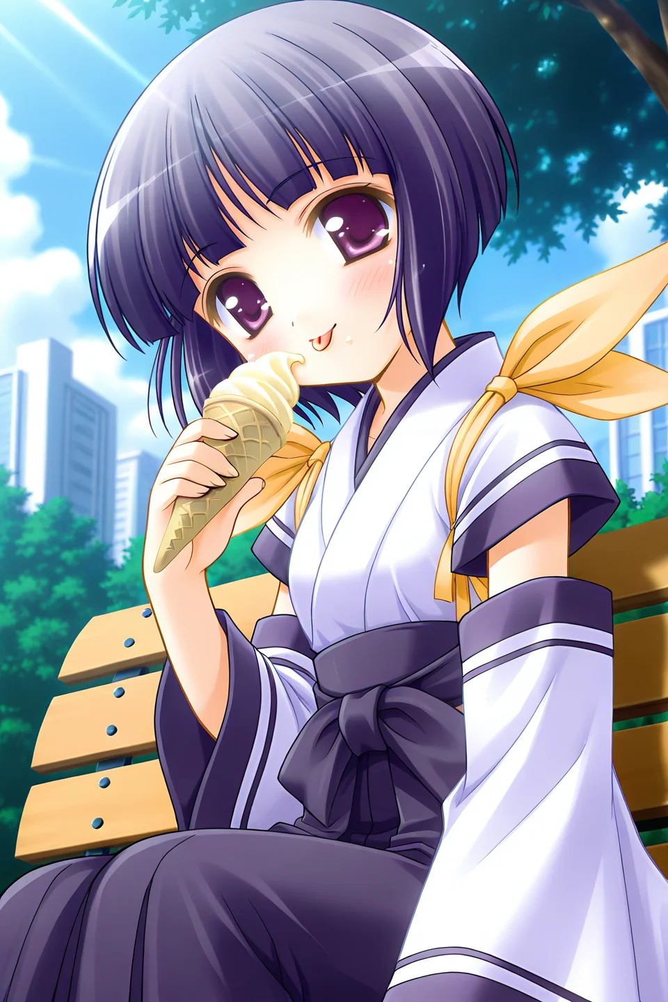 masterpiece, best quality, absurdres, official art, official style, general BREAK <lora:arisakashiina_IL_v1-2:0.7>, arisaka shiina, 1girl, solo, purple eyes, black hair, purple hair, short hair, bob cut, blunt bangs, flat chest BREAK ice cream, bench, japanese clothes, detached sleeves, sitting, blush, licking, tongue out, ice cream cone, holding ice cream, outdoors, :p, eating, hakama skirt, soft serve, day, blurry, food on face, looking at viewer, smile, cloud, depth of field, lens flare, sunlight, yellow ribbon, wide sleeves, short sleeves, white dress, blue hakama, shoulder ribbon, blue line, on bench, park bench, cityscape, from below