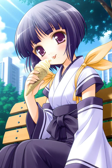 masterpiece, best quality, absurdres, official art, official style, general BREAK <lora:arisakashiina_IL_v1-2:0.7>, arisaka shiina, 1girl, solo, purple eyes, black hair, purple hair, short hair, bob cut, blunt bangs, flat chest BREAK ice cream, bench, japanese clothes, detached sleeves, sitting, blush, licking, tongue out, ice cream cone, holding ice cream, outdoors, :p, eating, hakama skirt, soft serve, day, blurry, food on face, looking at viewer, smile, cloud, depth of field, lens flare, sunlight, yellow ribbon, wide sleeves, short sleeves, white dress, blue hakama, shoulder ribbon, blue line, on bench, park bench, cityscape, from below