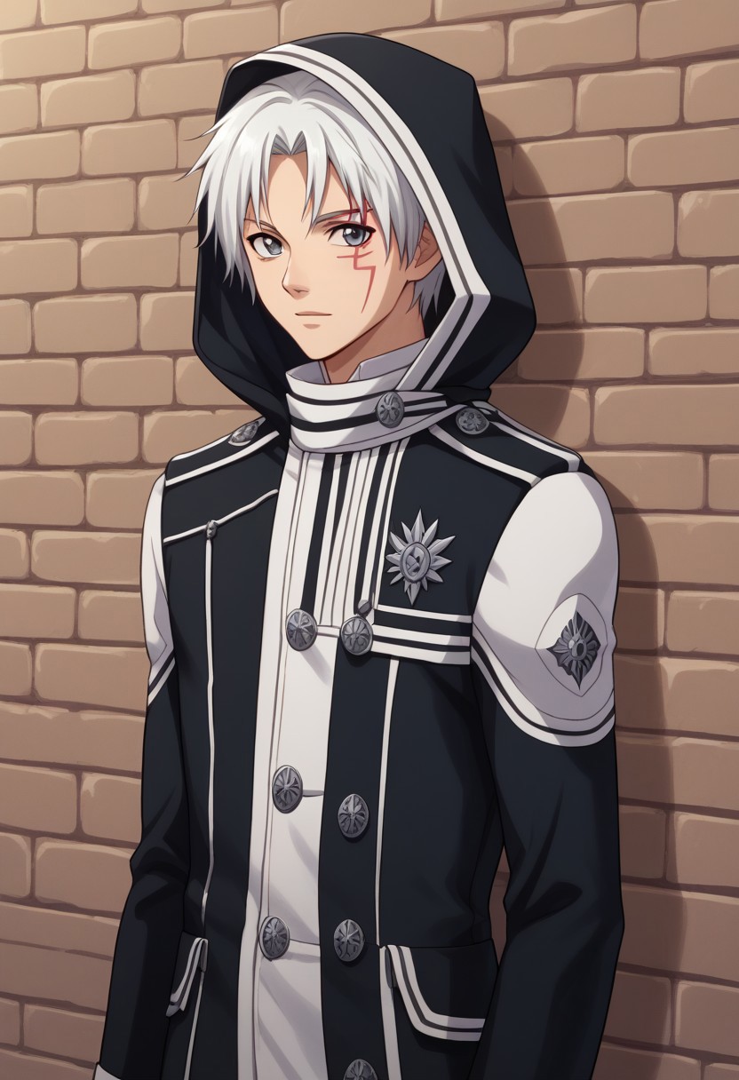 score_9, score_8_up, score_7_up, source_anime, highly detailed, 
allenwalker, solo, 1boy, male focus, looking at viewer, grey eyes, white hair, coat, long sleeves, facial mark, exorcist uniform, hood, gloves, white gloves, upper body, slender, skinny
indoor, wall, bricks, grey bricks,