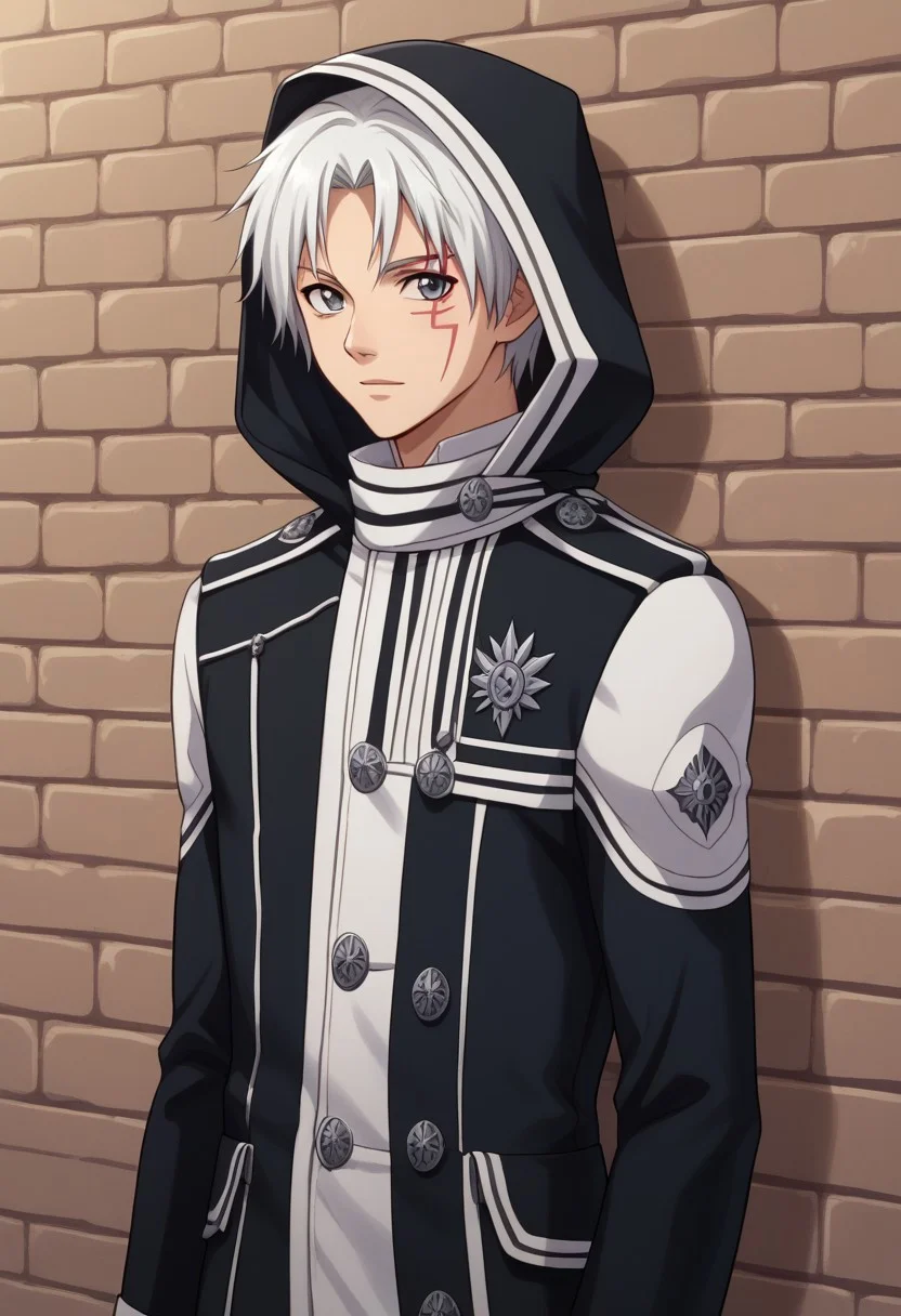 score_9, score_8_up, score_7_up, source_anime, highly detailed,
allenwalker, solo, 1boy, male focus, looking at viewer, grey eyes, white hair, coat, long sleeves, facial mark, exorcist uniform, hood, gloves, white gloves, upper body, slender, skinny
indoor, wall, bricks, grey bricks,