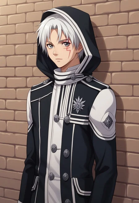 score_9, score_8_up, score_7_up, source_anime, highly detailed,
allenwalker, solo, 1boy, male focus, looking at viewer, grey eyes, white hair, coat, long sleeves, facial mark, exorcist uniform, hood, gloves, white gloves, upper body, slender, skinny
indoor, wall, bricks, grey bricks,