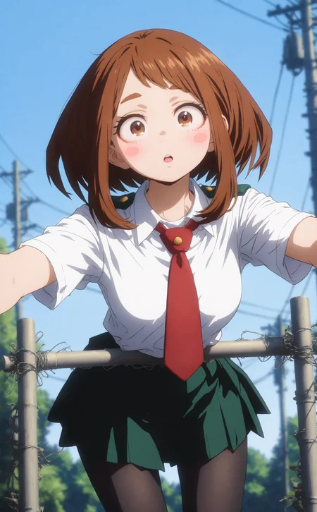masterpiece, best quality, amazing quality, very aesthetic, high resolution, ultra-detailed, absurdres, newest, uraraka ochako, 1girl, solo, looking at viewer, blush, short hair, shirt, skirt, brown hair, brown eyes, white shirt, short sleeves, sidelocks, pantyhose, outdoors, pleated skirt, parted lips, necktie, sky, collared shirt, day, :o, blue sky, blurry background, blush stickers, red necktie, power lines, utility pole, stuck, u.a. school uniform, LDSCH Style, <lora:noobai_ep11_stabilizer_v0.138_fp16:0.3> <lora:NOOB_vp1_detailer_by_volnovik_v1:0.3> <lora:ma1ma1helmes_b-000014:0.4> <lora:lpc_v10:0.4> <lora:LDSCH-IL:0.8> <lora:CrypticHue:0.7>