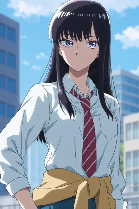 tachibana akira, long hair, black hair, purple eyes, tachibanaschool, school uniform, white shirt, collared shirt, sleeves rolled up, red necktie, striped necktie, clothes around waist, yellow sweater around waist, pleated skirt, blue skirt, black kneehighs, loafers, <lora:Akira_Tachibana:0.9>, score_9, score_8_up, score_7_up, score_6_up, score_5_up, source_anime, rating_safe, outdoors, sky, blue sky, skyscraper, 1girl, solo, looking at viewer, (dynamic pose:1.2), (upper body:1.2)