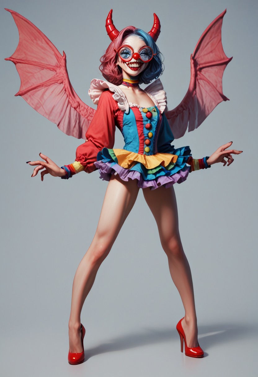 score_9, score_8_up, score_7_up, score_6_up, 
1girl, clown girl, 
roundglassesb, big round glasses, 
slim, slender, long legs, 
clown suit, frilly skirt,
wings, fangs, horns, sharp teeth,