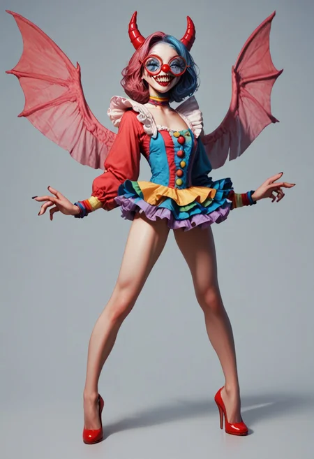 score_9, score_8_up, score_7_up, score_6_up,
1girl, clown girl,
roundglassesb, big round glasses,
slim, slender, long legs,
clown suit, frilly skirt,
wings, fangs, horns, sharp teeth,