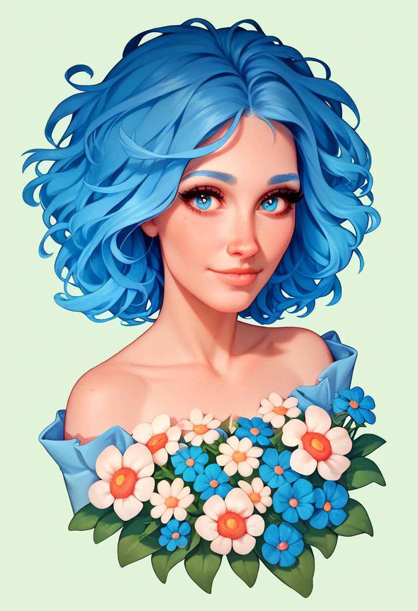score_9, score_8_up, score_7_up, score_6_up, score_5_up, score_4_up,  milfpeaches, <lora:blu3sXLP:0.7> blu3s, 1girl, flowers, blue hair, blue eyes,