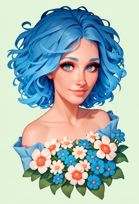 score_9, score_8_up, score_7_up, score_6_up, score_5_up, score_4_up,  milfpeaches, <lora:blu3sXLP:0.7> blu3s, 1girl, flowers, blue hair, blue eyes,