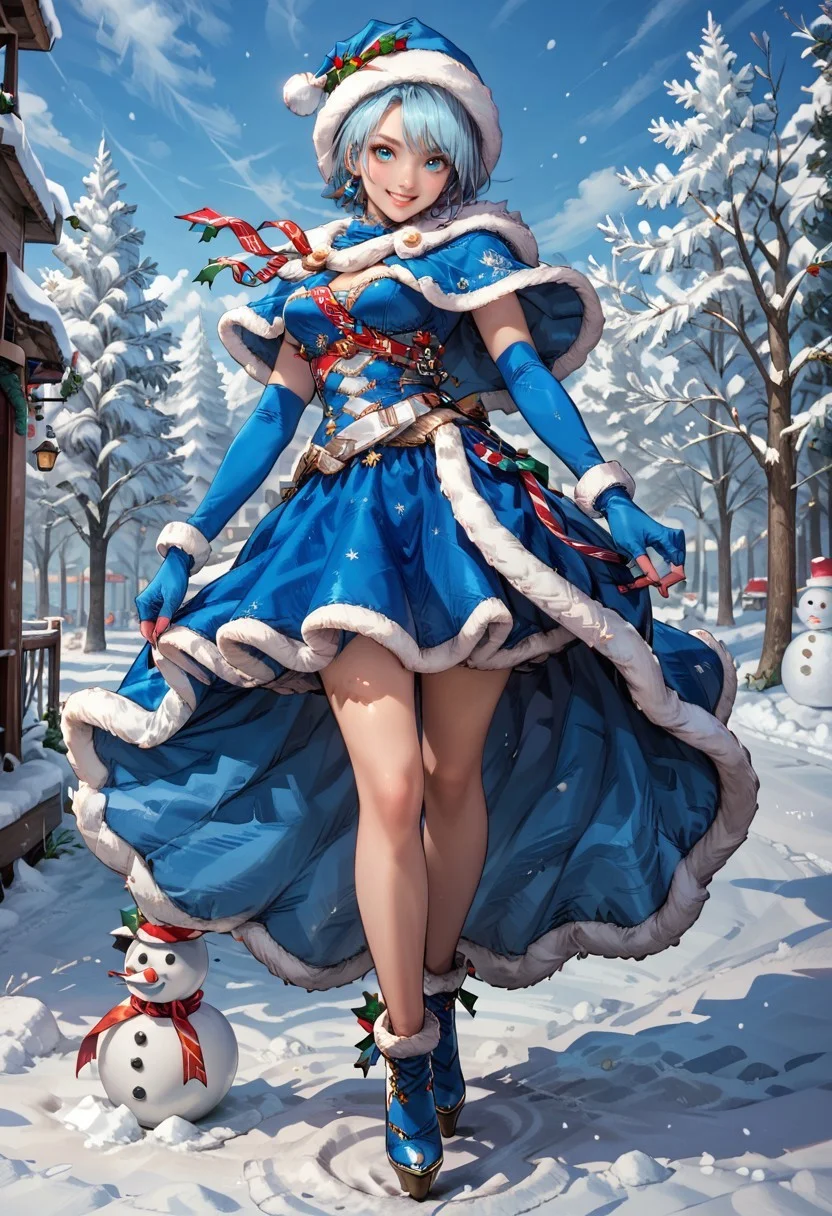 score_9, score_8_up, score_7_up,perfect eyes,1girl, solo, fur trim, gloves, dress, snow, outside, snowman, dress, blue gloves, looking at viewer, fingerless gloves, smile, blue eyes, short hair, christmas, high heels, full body, capelet, blue hair, hood, winther_boots, winterravi