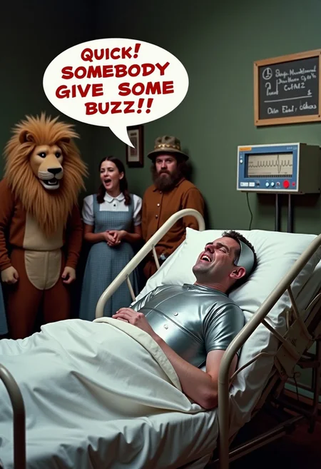 A cinematic still from the classic movie the wizard of oz. The tin man from the wizard of oz is lying in a hospital bed, his face is in agony, there’s an ekg monitor that’s showing a flatline, Dorothy, the cowardly lion, and the scarecrow are standing by his bed. Everyone is panicking. A speech bubble in bold colorful text across the top of the image says “Quick! Somebody give him some buzz!!”