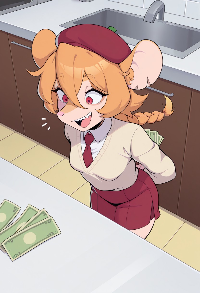 IllusP0s, 
SkyKainIChooseYou,
1 girl, rat girl, anthro, solo, hair between eyes, orange hair, single braid, red eyes,
TretchSkKain, MiddleYellowRedFurTretch, VeryPaleOrangeUnderfurTretch, red eyes, TretchEars, TretchHair, DeepTaupeNoseTretch,
small breasts, shorty, short stack,
beige sweater west, red tie, white shirt, red skirt, small beret on the side of her head,
laughing throwing money at you,
from above,
indoors, kitchen,