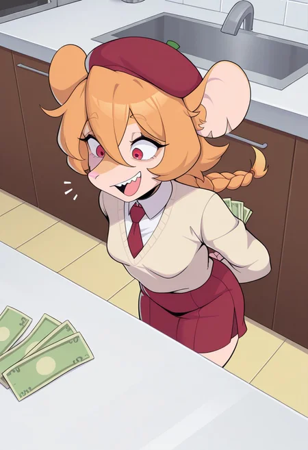 IllusP0s,
SkyKainIChooseYou,
1 girl, rat girl, anthro, solo, hair between eyes, orange hair, single braid, red eyes,
TretchSkKain, MiddleYellowRedFurTretch, VeryPaleOrangeUnderfurTretch, red eyes, TretchEars, TretchHair, DeepTaupeNoseTretch,
small breasts, shorty, short stack,
beige sweater west, red tie, white shirt, red skirt, small beret on the side of her head,
laughing throwing money at you,
from above,
indoors, kitchen,