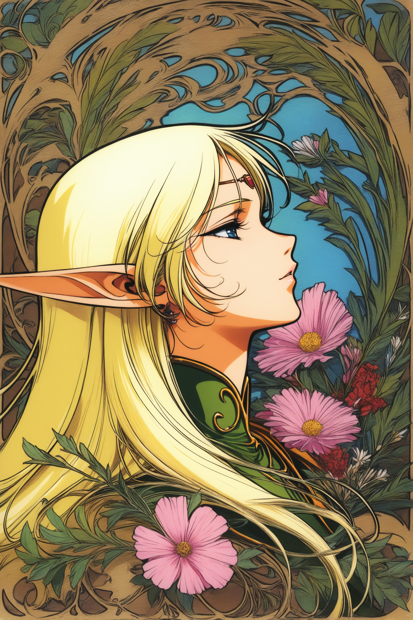 masterpiece,best quality,high quality,high score,great score,absurdres,
Deedlit,pointy ears,1girl,Deedlit,elf,blonde hair,long hair,solo,art nouveau,flower,profile,blue eyes,portrait,retro artstyle,traditional media,
<lora:yuuki nobuteru_XL_v2:0.8>,