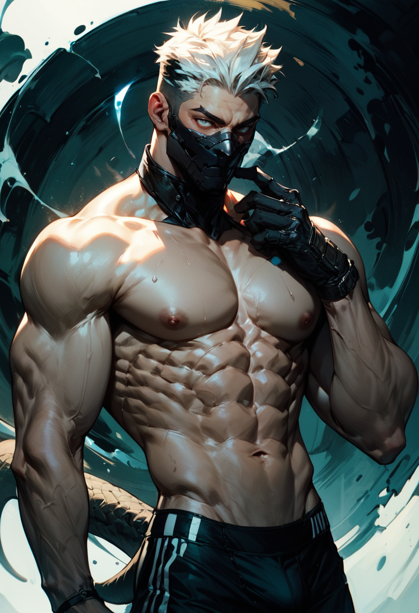 score_9,score_8_up,score_7_up, zPDXL, 1man, solo, 1 white eye, 1 black eye, black mask, black claws, hand up, black hands, claws, menacing aura, all black sweat pants, shirtless, white skin, short hair, white hair with a black streak, closed mouth, chiseled jaw line, big muscles, burly, manly, large lizard like tail
<lora:GN_v1.4:0.9>
