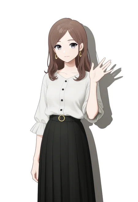 <lora:GBC_JQLY-000020:1>,
GBC_JQLY,1girl,solo,long hair,brown hair,grey eyes,jewelry,white shirt,parted bangs,long skirt,looking_at_viewer,white_background,solid_background,front view,standing,black skirt,pleated skirt,cowboy_shot,no hands,light smile,waving