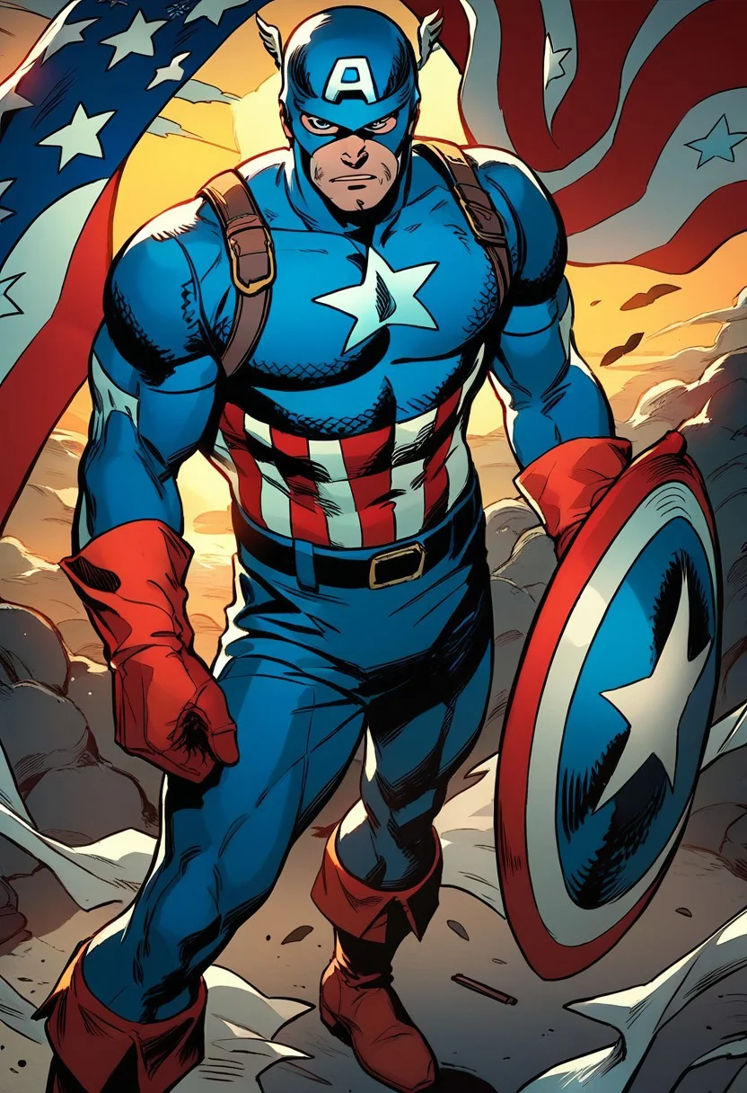 score_9, score_8_up, score_7_up, source_comic, CAPTAIN AMERICA, solo, gloves, 1boy, holding, standing, weapon, male focus, boots, belt, english text, bodysuit, muscular, copyright name, helmet, muscular male, red gloves, shield, flag, manly, superhero, blue bodysuit, holding shield, american flag