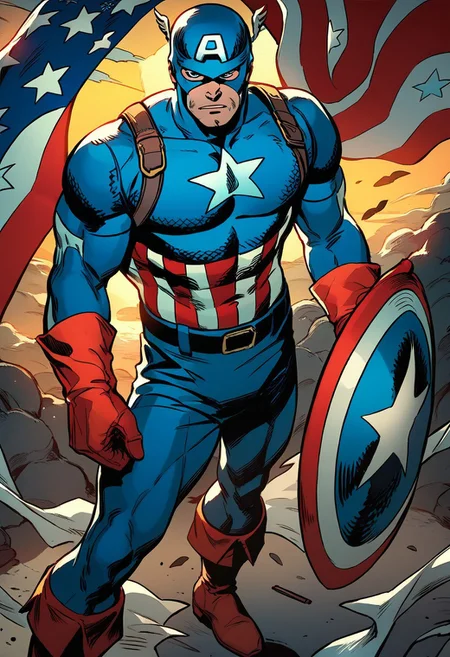 score_9, score_8_up, score_7_up, source_comic, CAPTAIN AMERICA, solo, gloves, 1boy, holding, standing, weapon, male focus, boots, belt, english text, bodysuit, muscular, copyright name, helmet, muscular male, red gloves, shield, flag, manly, superhero, blue bodysuit, holding shield, american flag