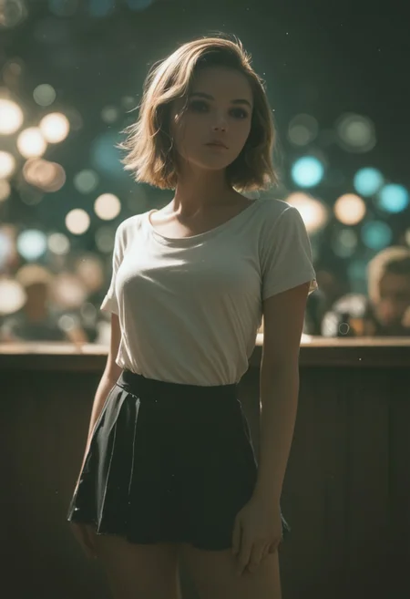 score_9, score_8_up, score_7_up, BREAK, (shallow depth of field:1.4), Chiaroscuro Lighting Style, partially covered in shadow, epiCPhoto, 1girl, shameless pose, crowded bar, dim light, (lens flare:.4), (cinematic bokeh:1.6), blond tips, bob hair, western, raise her skirt