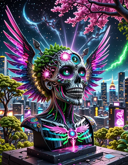 breathtaking hyperrealistic art professional 3d model concept art A neon-lit cityscape,helios, colorful, sitting, wings, skull,eye, star (sky), star (symbol), tree, solo, psy,green,pink,black,white
 <lora:helios:1> ziprealism . digital artwork, illustrative, painterly, matte painting, highly detailed . octane render, highly detailed, volumetric, dramatic lighting . extremely high-resolution details, photographic, realism pushed to extreme, fine texture, incredibly lifelike . award-winning, professional, highly detailed