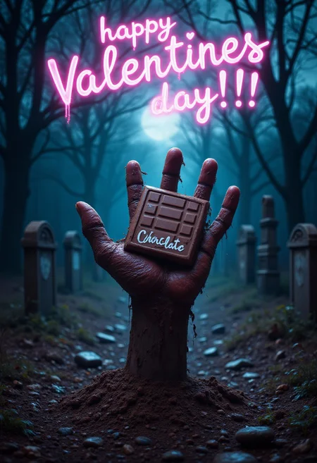In an eerie, moonlit cemetery at night, a zombie hand emerges from the ground, clutching a large Chocolate Bar, At the top of the screen in a cute glowing pink text, the text reads in large letters "happy valentine's day!!!", aidmaTextImprover,