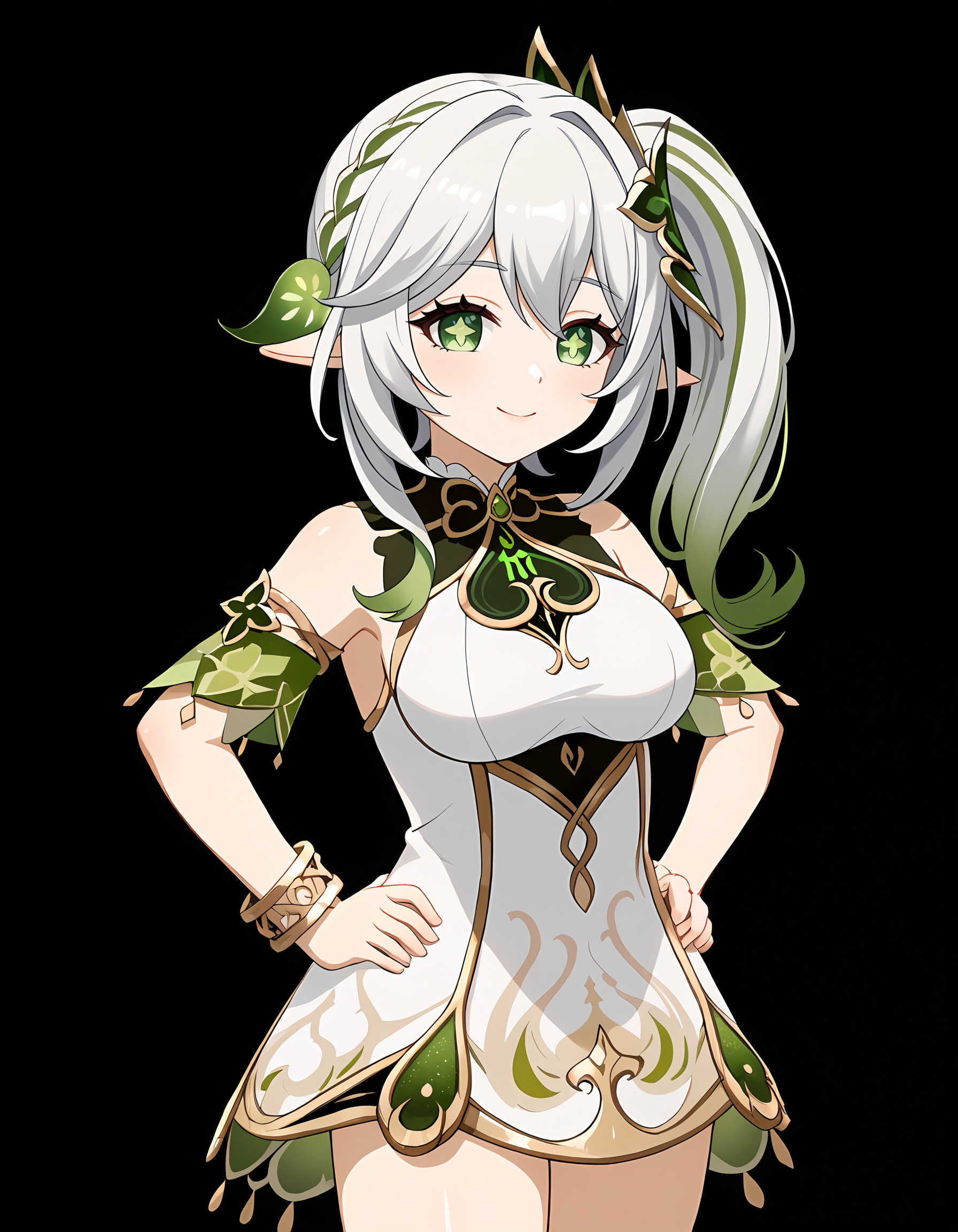 <lora:Nahida_Pony:1>nahida_genshin_impact, pointy ears, side ponytail, multicolored hair, white hair, green hair, gradient hair, green eyes, symbol-shaped pupils, hair between eyes,
jewelry, bracelet, detached sleeves, white dress, toeless footwear, 
aged up, large breasts, hands on hips, smile