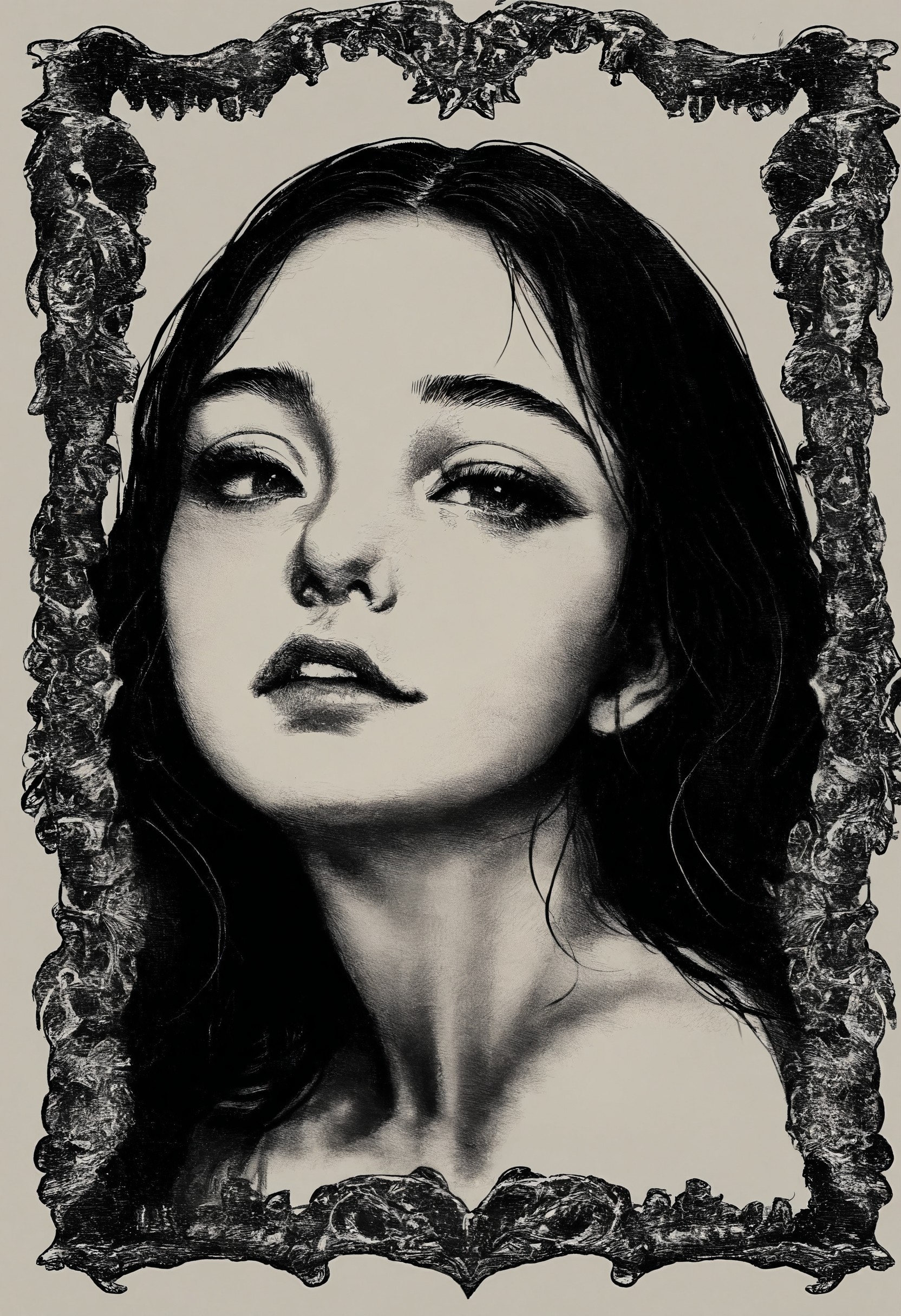 masterpiece, best quality, monochrome, greyscale, 1girl, portrait, ornate border, fine detail<lora:RioOka_v1_NoobAI:1.0>