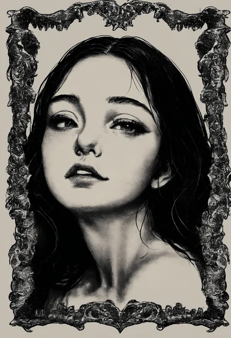 masterpiece, best quality, monochrome, greyscale, 1girl, portrait, ornate border, fine detail<lora:RioOka_v1_NoobAI:1.0>