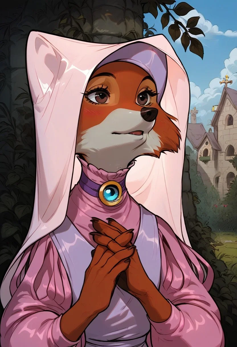 score_9, score_8_up, score_7_up, score_6_up, 1 anthro fox girl, Maid Marian, sexy face, cute face, blue eyes, hazel eyes shy , nose blush, medium boobs, chest up, grey fur, bald, fullbody, (medieval church background:1,2), 3/4 side view, full body view, BREAK, 1boy, Robin Hood, anthro fox, male, BREAK, Robin Hood kises MAid Marian