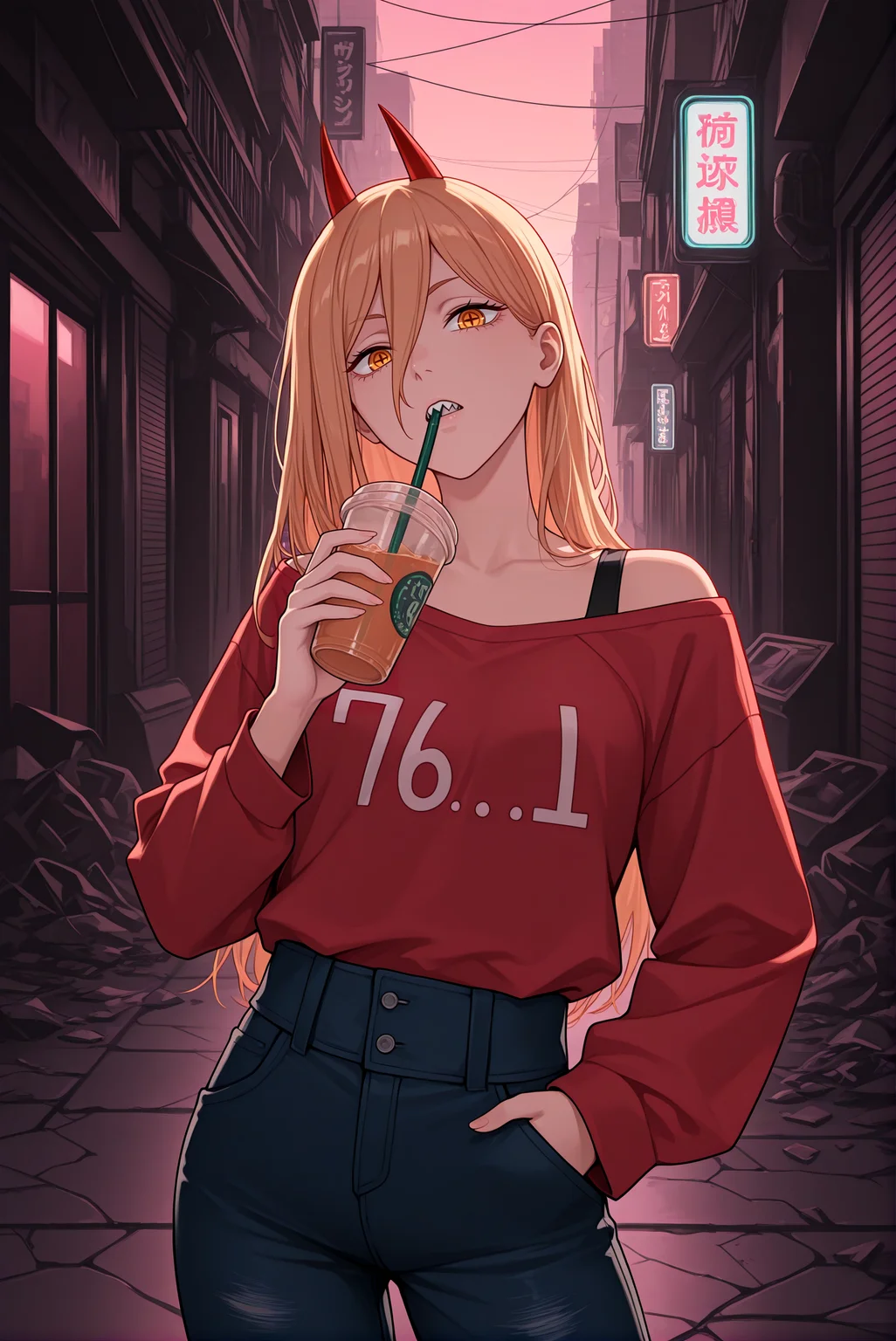 beautiful detailed eyes, masterpiece, best quality, intricate details, absurdres, 1girl, solo,
<lora:P-IL-Power:1>, p0w3r, blonde hair, pink hair, long hair, hair between eyes, yellow eyes, cross-shaped pupils, red horns, demon horns, sharp teeth,
761, red shirt, long sleeves, tight jeans, off shoulder shirt, text on clothes,
small breasts, parted lips, looking at viewer,
standing, hip tilt, posing sexy, one hand in pocket,
holding a cup of bubbletea, drinking_straw, straw in mouth,
grungy urban alley, neon street lights, flickering signs, scattered trash, cracked pavement, distant city skyline, twilight sky, chaotic atmosphere, chainsaw man aesthetic
