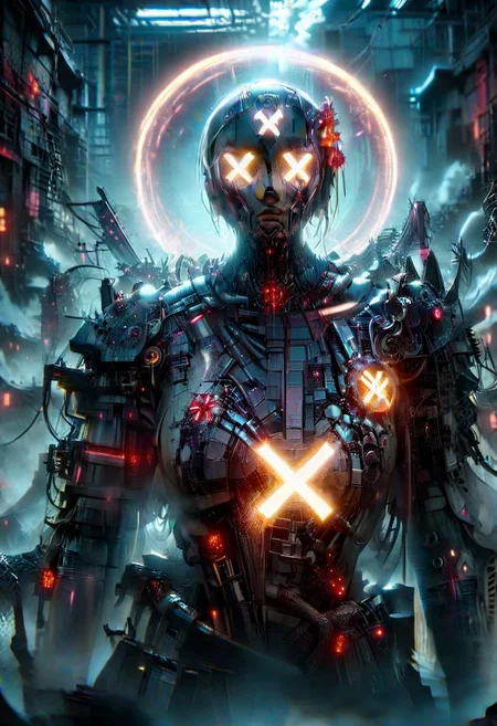 Cyberpunk,sci-fi,dark-fantasy,kodak portrait 400,8k,soft light,volumetric lighting,highly detailed,britt marling style 3/4,portrait photo of a war man cyborg robot in a chemical laboratory + face,face is skullbone with scares,intricate,elegant,highly detailed,devil-armor,2D motifs detailed dark fantasy digital painting,artstation,concept art,smooth,sharp focus,illustration,art by Otomo Katsuhiro and Shir Masamune and Oshii Mamoru. Cosmic light in backfront,
