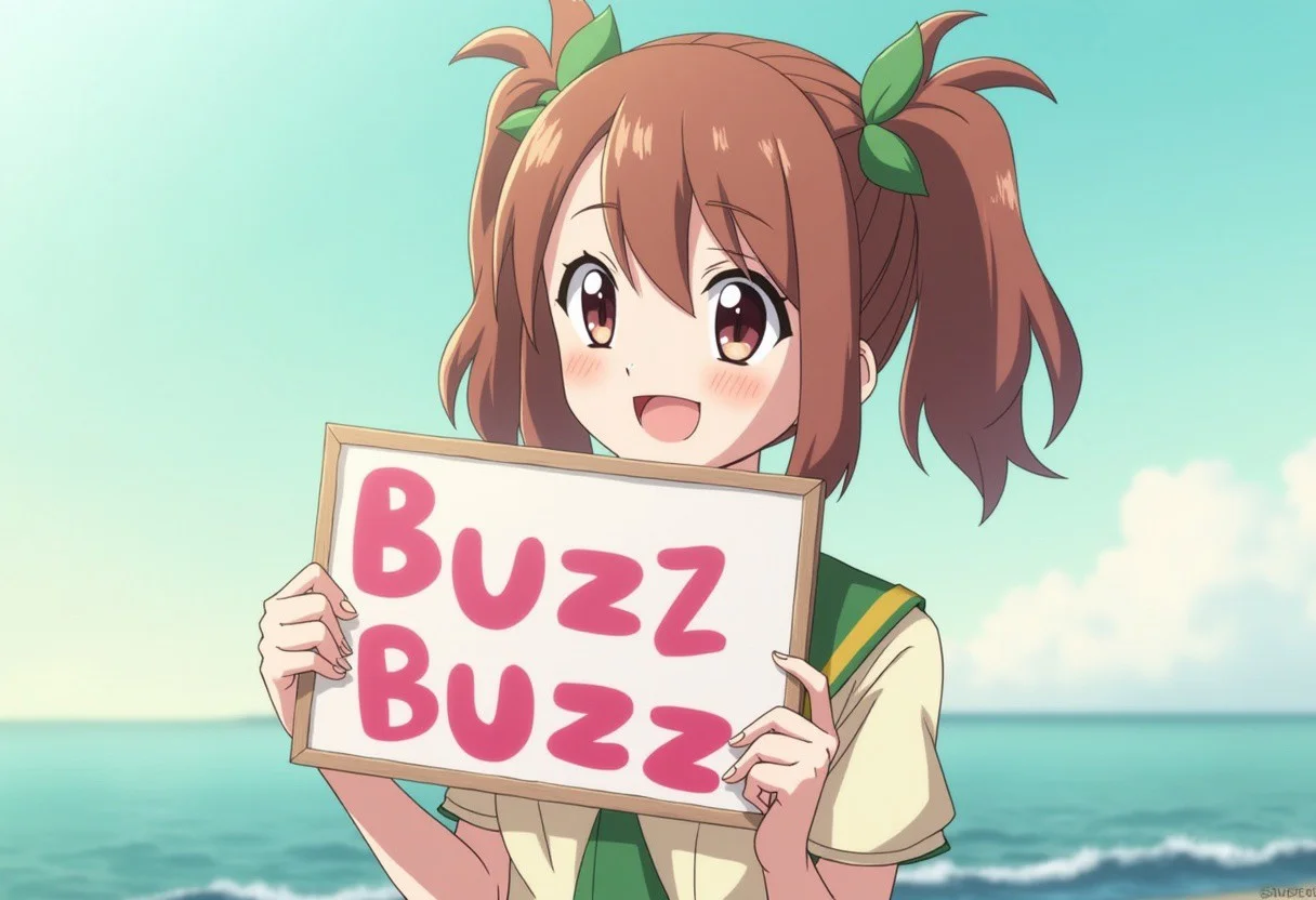 anime girl from pokemon series holding sign it say "buzz buzz buzz" , pokemon style