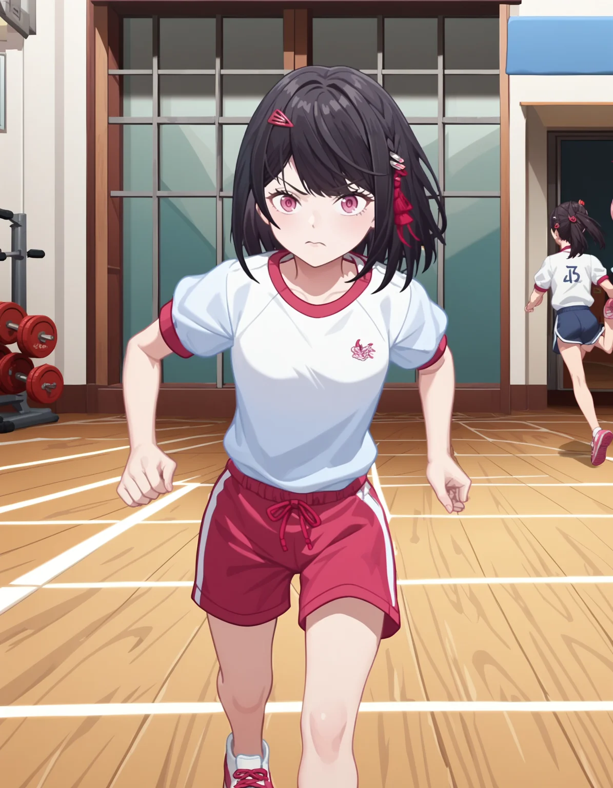 score_9,score_8_up,score_7_up,
gym_uniform,gym_shorts,leaning_forward,outdoors,school,running,
<lora:yanzhen_pony:0.8>,glcyanzhen,1girl,solo,hair ornament,medium hair,bangs,pink eyes,black hair,<lora:Anime_Screencap:1>,anime screencap,