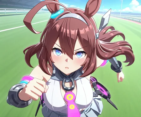 masterpiece, best quality, amazing quality, , 1girl, solo, umamusume, running, racetrack, <lora:Mihono Bourbon in game style 3d ILL-v2:1> ummsmingame, 3d, mihono bourbon \(umamusume\),