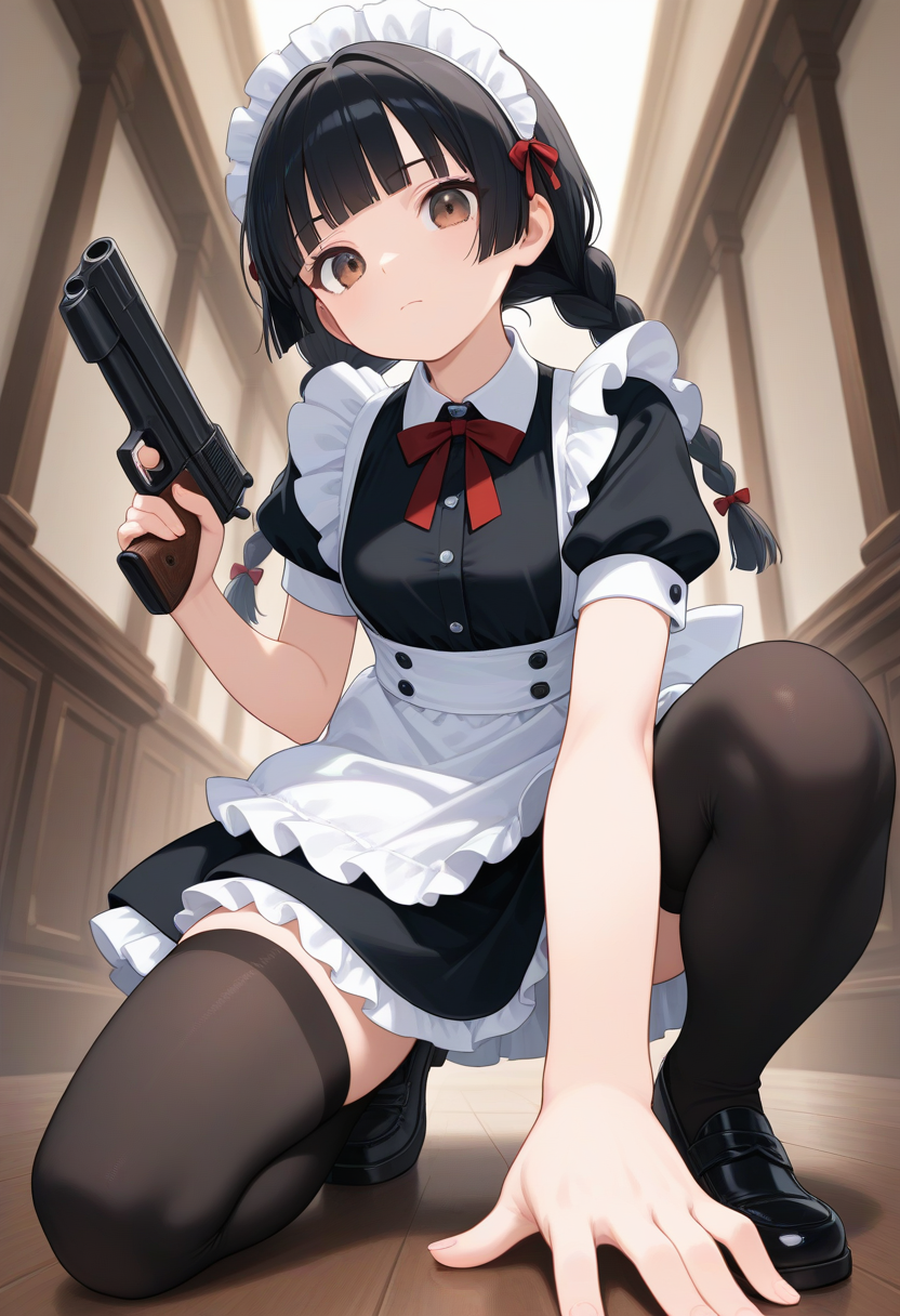 1girl,solo,black thighhighs,suspenders,weapon,maid,holding,frills,apron,holding weapon,black footwear,dress,black dress,black hair,maid headdress,bangs,braid,one knee,twin braids,holding gun,white apron,ribbon,bow,long hair,closed mouth,gun,thigh,looking at viewer,brown eyes,foreshortening,maid apron,twintails,blunt bangs
,masterpiece,best quality,amazing quality,