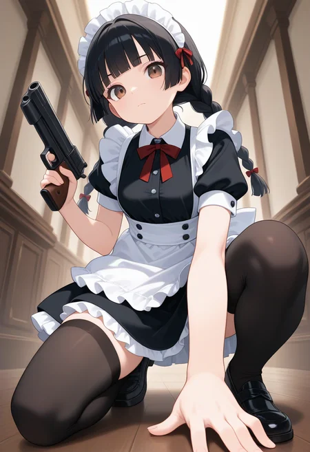 1girl,solo,black thighhighs,suspenders,weapon,maid,holding,frills,apron,holding weapon,black footwear,dress,black dress,black hair,maid headdress,bangs,braid,one knee,twin braids,holding gun,white apron,ribbon,bow,long hair,closed mouth,gun,thigh,looking at viewer,brown eyes,foreshortening,maid apron,twintails,blunt bangs
,masterpiece,best quality,amazing quality,