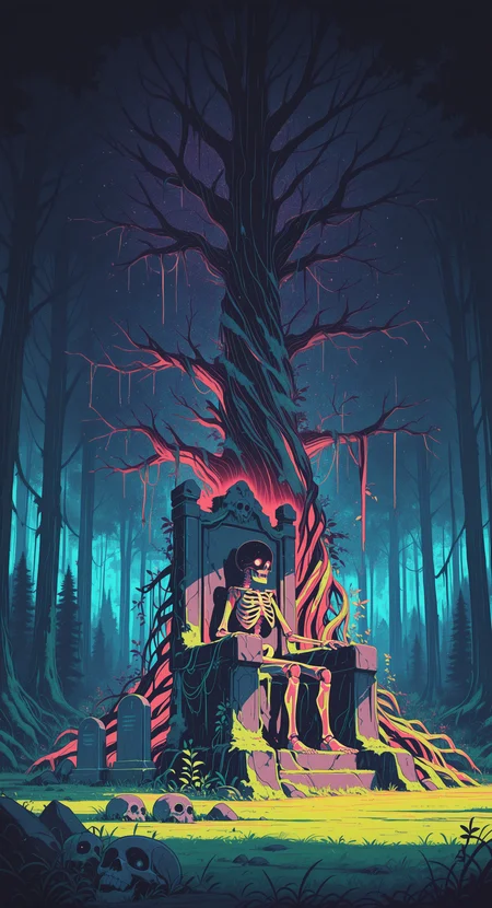 masterpiece,best quality,amazing quality, outdoors, tree, no humans, grass, plant, robot, scenery, nature, forest, skull, rock, vines, ruins, skeleton, throne, non-humanoid robot, tombstone, moss, overgrown, roots, Flatline, Flat vector illustration,
limited palette, sketch, glowing, psychedelic,
negative space <lora:illustriousXL_stabilizer_v1.23:0.3> <lora:NOOB_vp1_detailer_by_volnovik_v1:0.3> <lora:ponyv6_noobE11_2_adamW-000017:0.3> <lora:114558v4df2fsdf5:1> <lora:negative-space:0.3> <lora:checkpoint-e18_s306:1.3>
