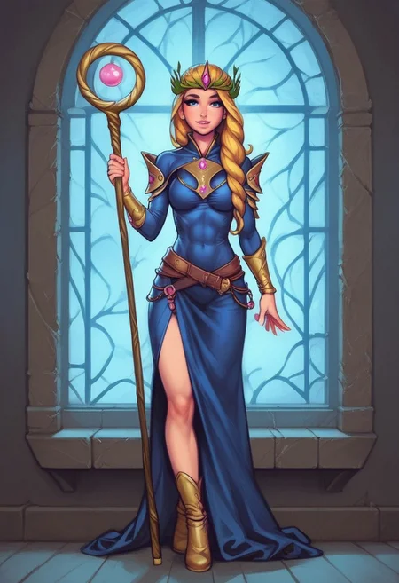 1girl, (((front view))), from front, solo, illustration, comic style, highly detailed, skinny, model body, looking at viewer, masterpiece, best quality, 1girl, masterpiece, best quality, fayenchantress, 1girl, solo, blonde hair, long hair, blue eyes, (young beauty, fit body:1.3), ((((magic shining orb in staff right hand, dagger in left hand)))), ((((magic clothes))))
<lora:FayEnchantress:0.9>
BREAK
(((dark magic Observatory inside, night sky in window:1.6)))) score_9, score_8_up, score_7_up, score_6_up, source_cartoon, rating_explicit, Expressiveh, ((((full body))))), dynamic pose, dynamic pose