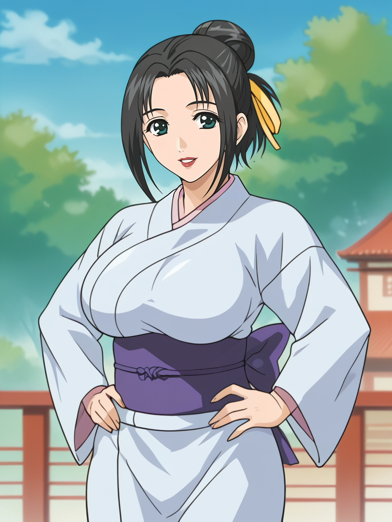 <lora:Mika_Inuoe-Hitozuma_Ryoujoku_Sankanbi:0.8>,Mika,1girl,solo,black hair,hair bun,green eyes,large breasts,hair ribbon,lipstick,kimono,hands on own hips,cowboy shot,looking at viewer,outdoors,smile