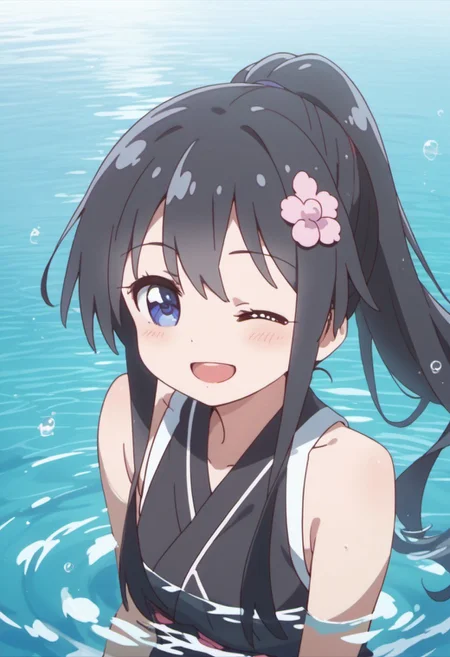 score_9, score_8_up, score_7_up, source_anime, shirosaki hana, long hair, black hair, blue eyes, 1girl, one eye closed, solo, smile, ponytail, water, open mouth, hair ornament, flower, blush, hair flower, sleeveless, ;d, bare shoulders