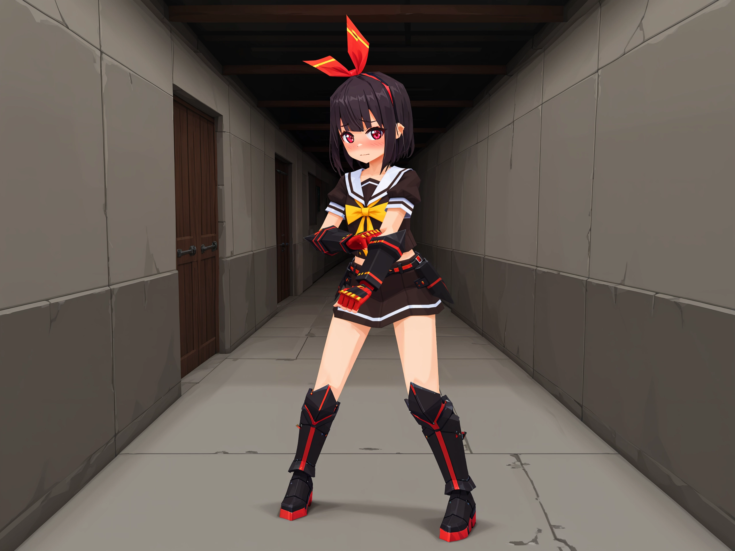 lowpoly, ps1, psx, low poly, 3d,
masterpiece,best quality,amazing quality,
kujou nagisa, red hair ribbon
serafuku
yellow bowtie
black gauntlets, fingerless gloves, black footwear, armored boots1girl,solo,
standing,
looking at viewer, 
(fighting stance:0.8),
shy, embarrassed, 
indoors, futuristic building, dungeon, concrete wall,
hallway,
